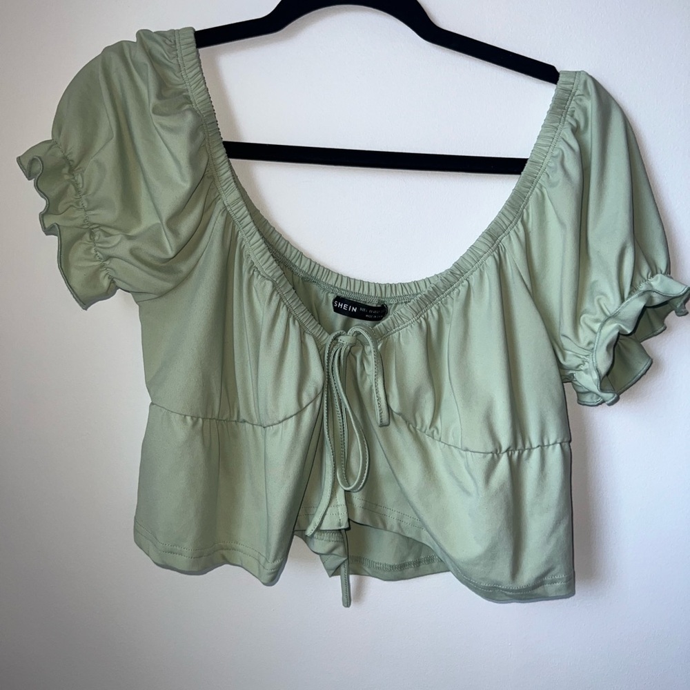 SHEIN Light Green Tie Cropped Top Blouse Short Sleeve Large